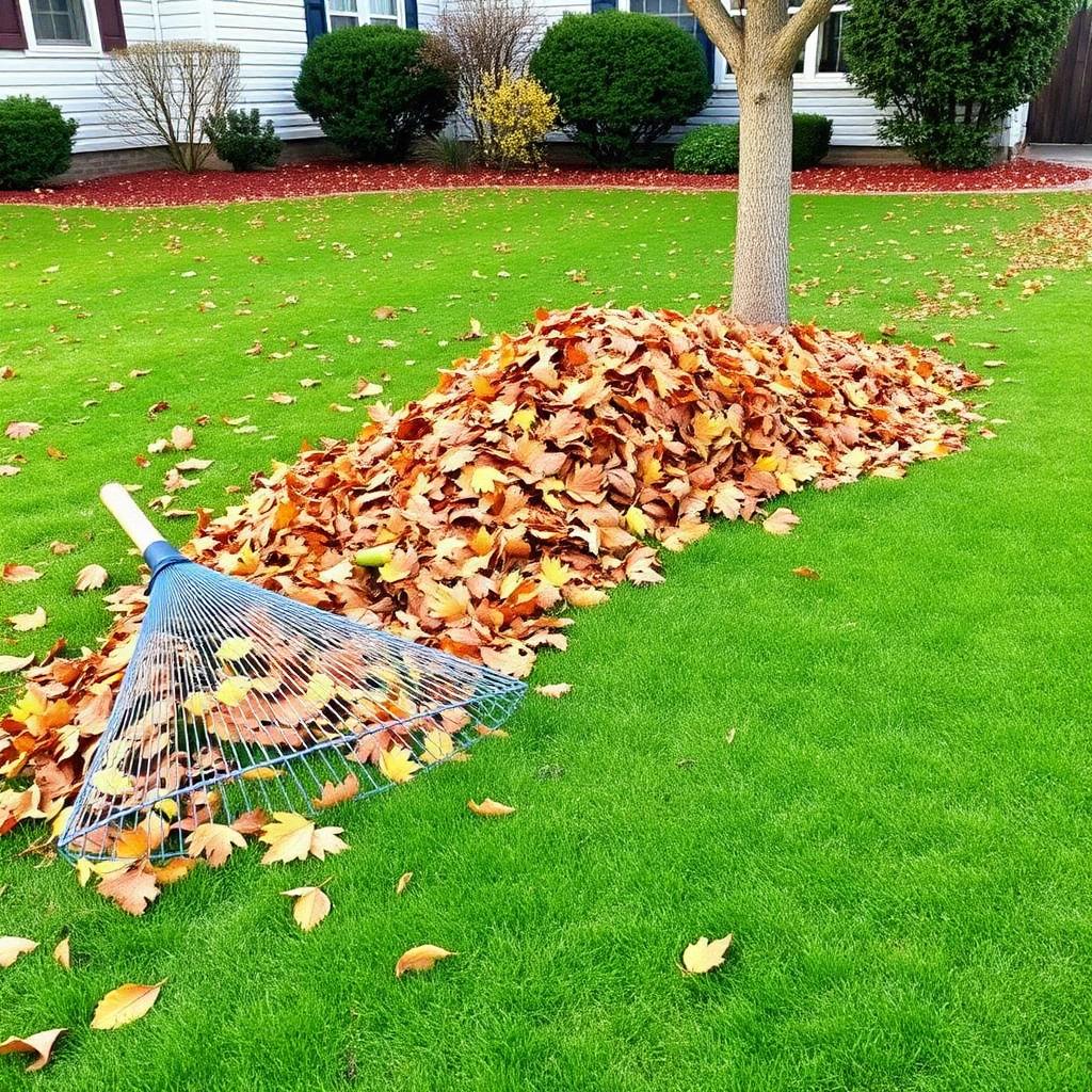 Fall leaf cleanup in residential yard