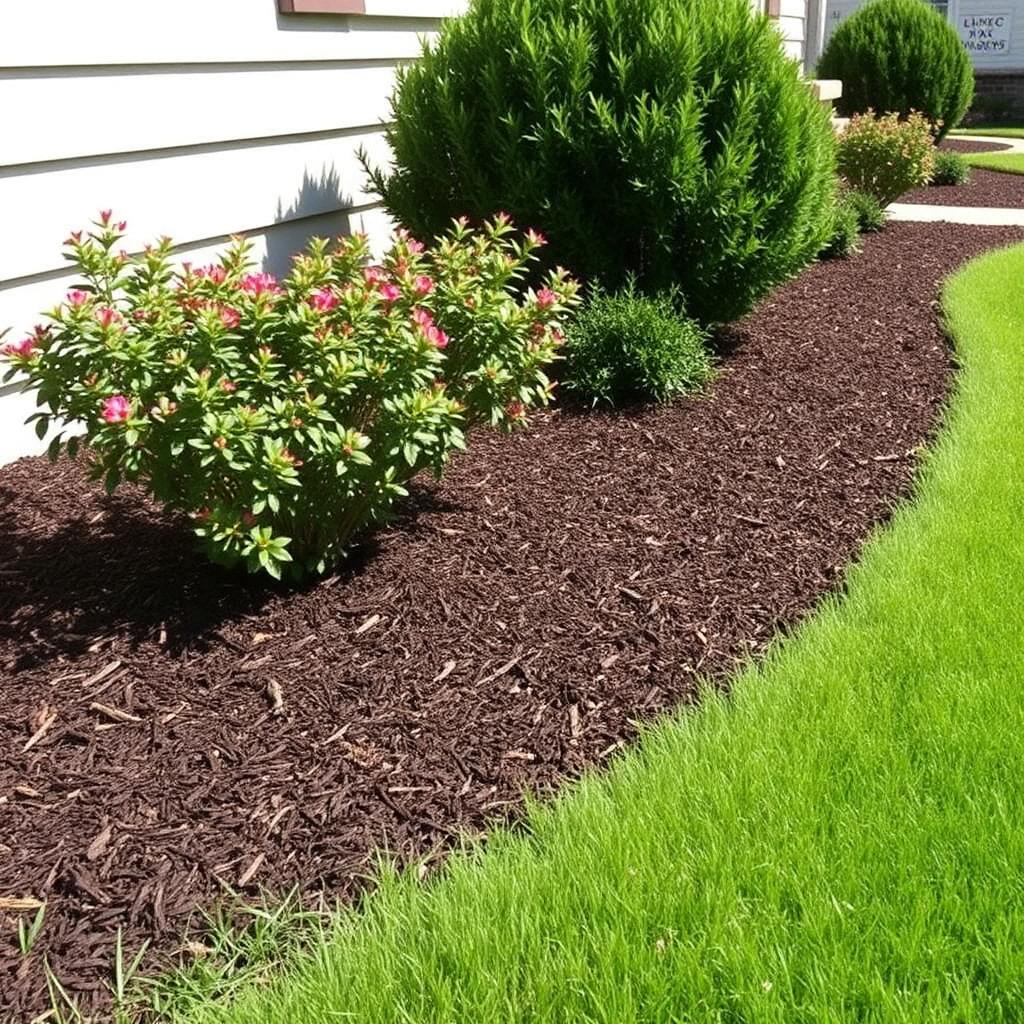 Fresh mulch bed along home foundation